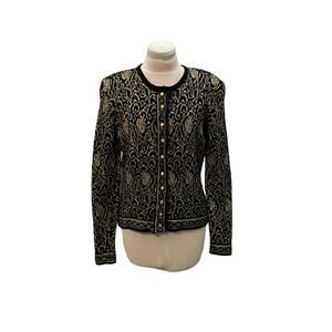 Vintage HERMAN GEIST Black Gold Button Cardigan Lambs Wool Angora MEDIUM Sparkle